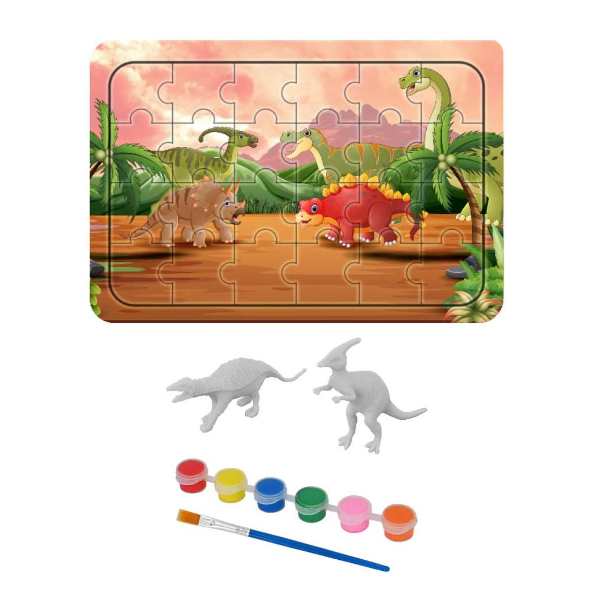 Kit Pintura Dino Com Quebra-cabeça Dinossauros Sortidos - Dm Toys Kit Pintura Dino Com Quebra-cabeça Dinossauros Sortidos - Dm Toys